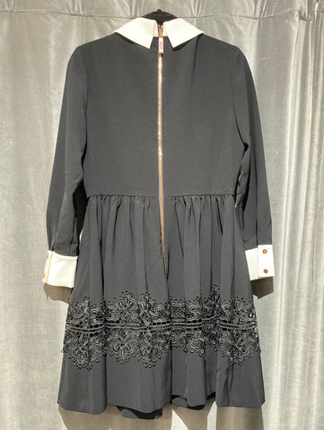 Ted Baker Black Long Sleeve Dress with White Collar Flare