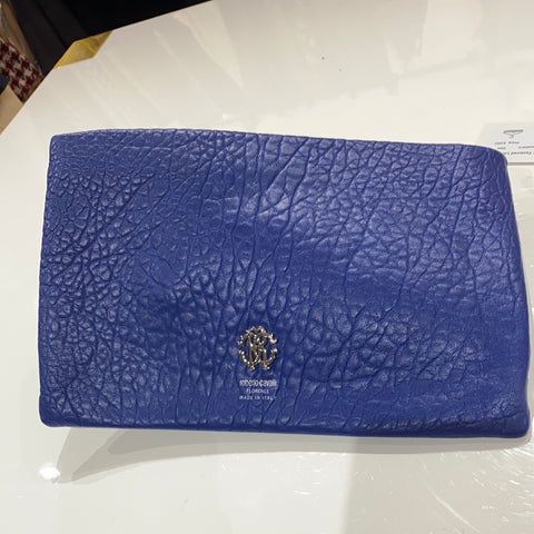 Roberto Cavalli Navy Textured Leather Silver Studded Large Clutch
