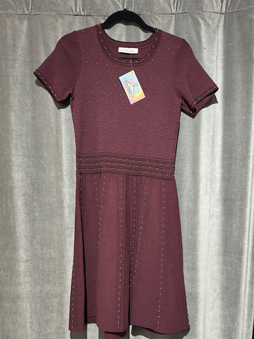 Sandro Burgundy Stretch Knit Short Sleeve Studded A Line Dress