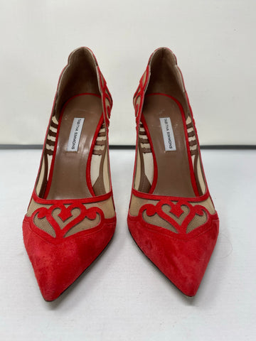 Tabitha Simmons Red Suede with Nude Mesh Cutout