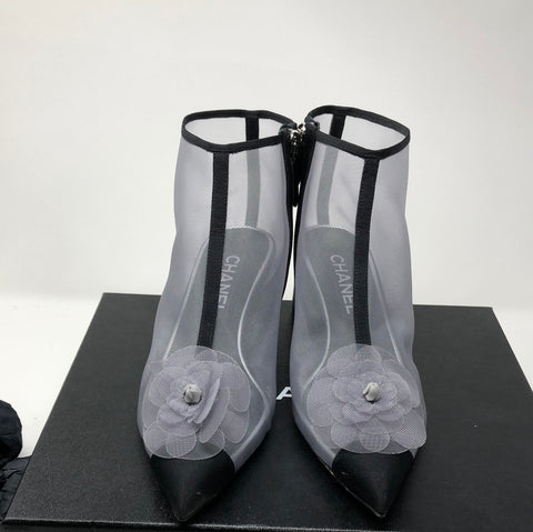 Chanel Grey Mesh Side Zip Short Booties with Flower