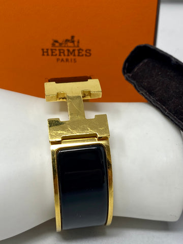 Hermes Clic Clack Black Bangle with Gold Hardware