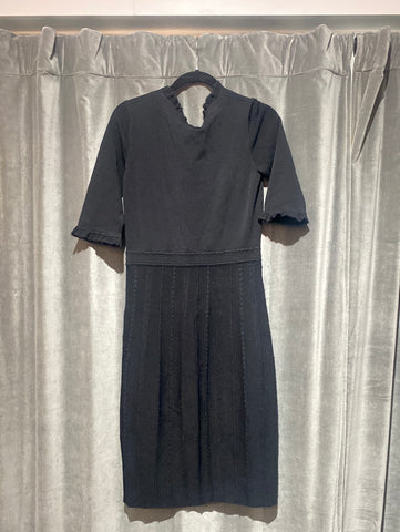 FENDI Black Short Sleeve V Neck Stretch Knit Flare Bottom Dress with Black Leather Flowers