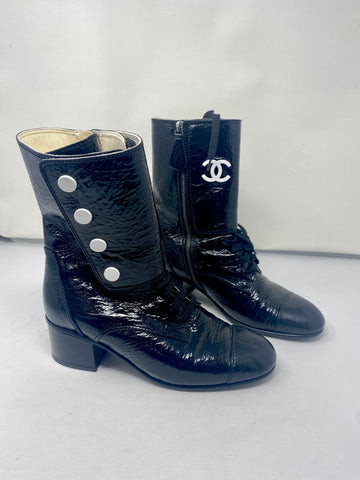 Chanel Black Patent Goatskin Cap Toe Lace Up Side Zip CC Boots