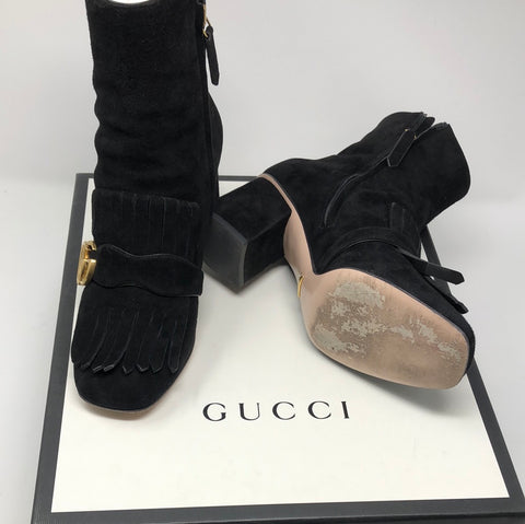 Gucci Black Suede Side Zip Booties with Interlocking GG