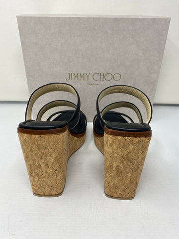 Jimmy Choo Athenia 110 Black Leather Square Toe Cork Bottom