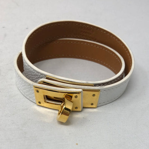 Hermes Kelly Double Tour white leather Gold Plated Bracelet