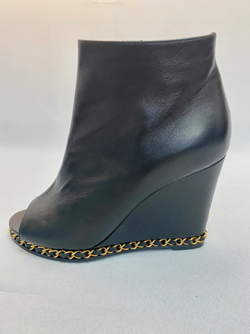 Chanel Black Leather Peep Toe Wedges with Chain Detail