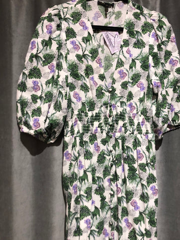 MAJE White Short Sleeve V Neck Button Dress with Green Leaf and Purple   The Hangout