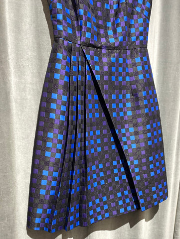 Shoshanna Short Sleeve Dress with Blue and Purple Square Design