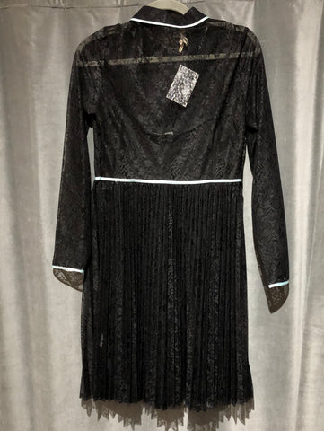 Maje Black Lace Long Sleeve Pleated with light Blue satin trim