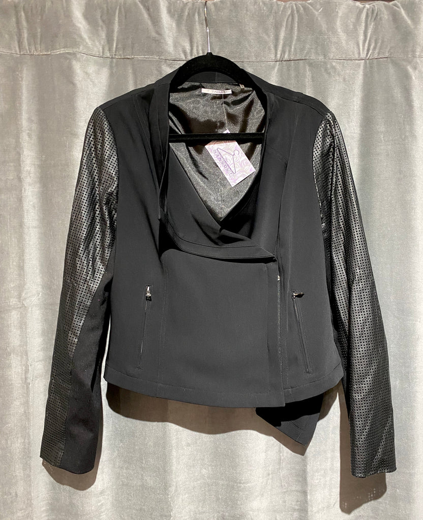 T Tahari Black Blazer with Perforated Leather Arms