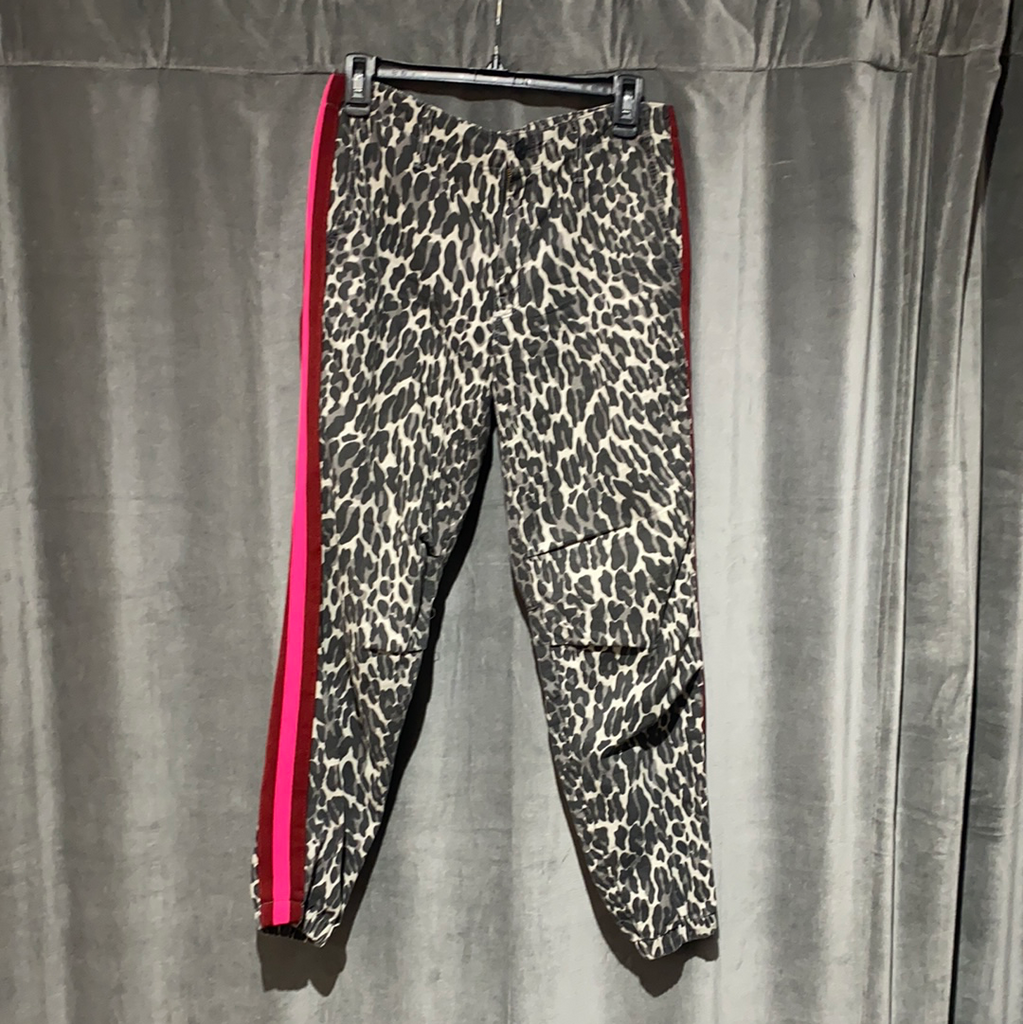Mother Grey Leopard Print Denim Jogger with Neon Pink Stripe