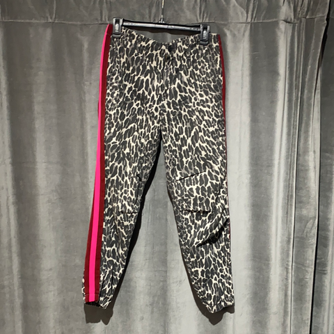 Mother Grey Leopard Print Denim Jogger with Neon Pink Stripe