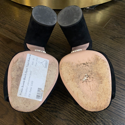 Prada Suede Black Open Toed Mules with Silver Flower on Front