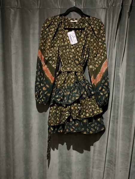 Ulla Johnson Green Mixed Print Puff Shoulder Mini Dress