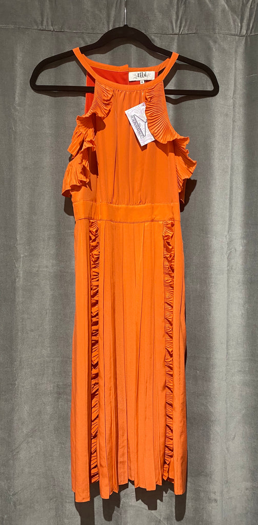 Tibi Orange Silk Halter Neck Ruffle Pleated Dress Tibi Orange Silk Halter Neck Ruffle Pleated Dress