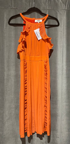 Tibi Orange Silk Halter Neck Ruffle Pleated Dress
