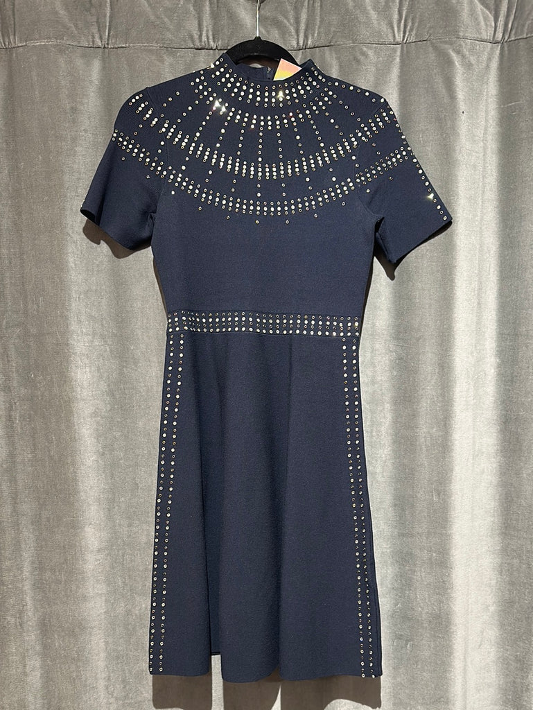 Sandro Navy Short Sleeve Mock Neck Studded Stretch Knit A line Dress