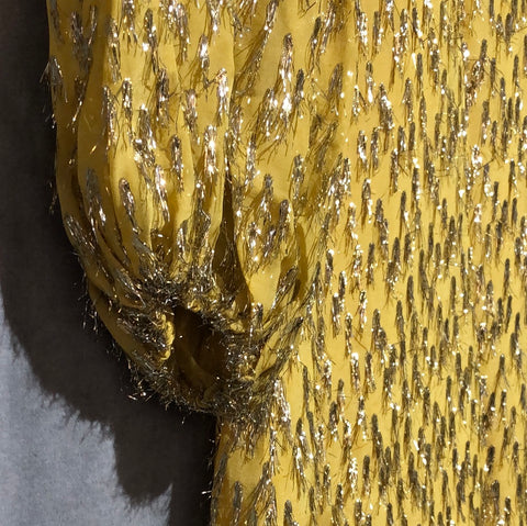 Lela Rose Yellow and Silver Metallic Long Sleeve Shift Dress with Back Crew Neck