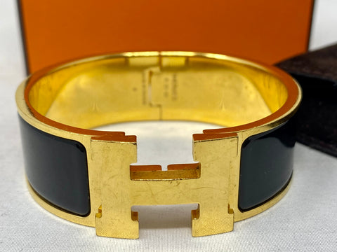 Hermes Clic Clack Black Bangle with Gold Hardware