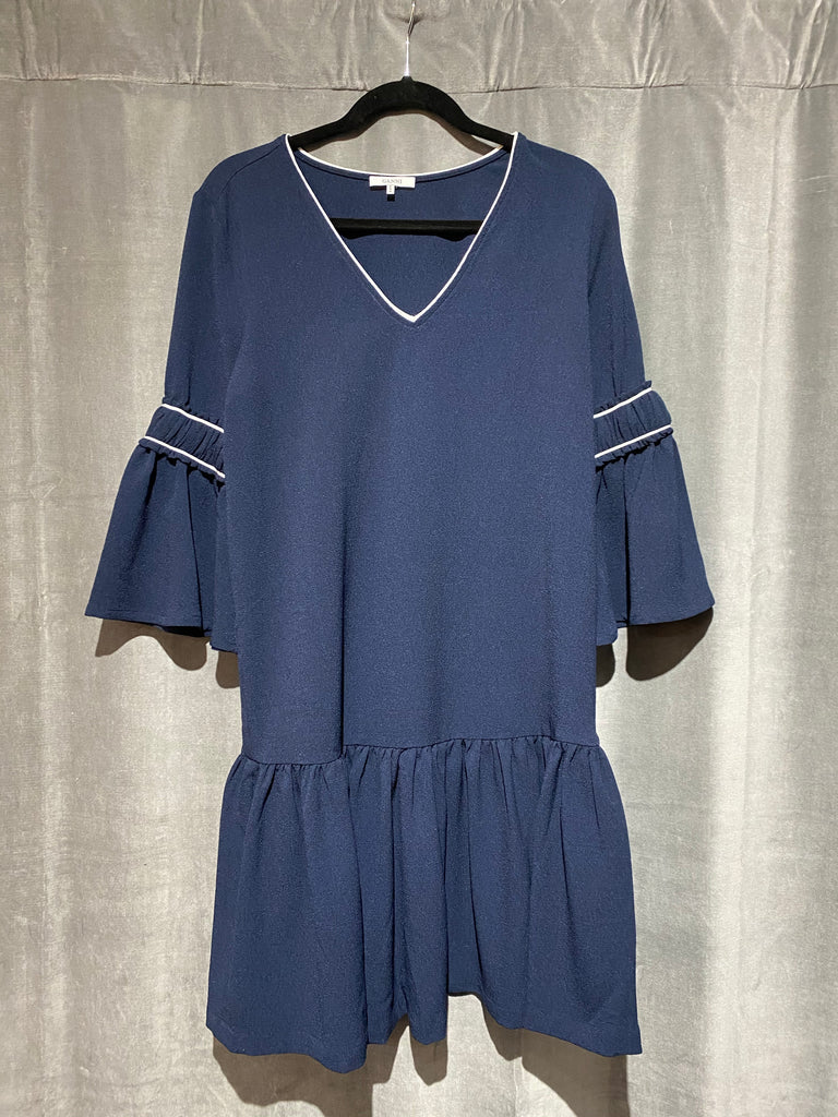 Ganni Navy Clark Bell Sleeve Dress with White Piping