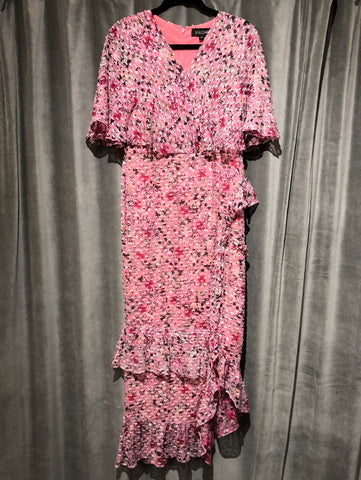 Saloni Short Sleeve Pink Floral Ruffle Maxi Dress