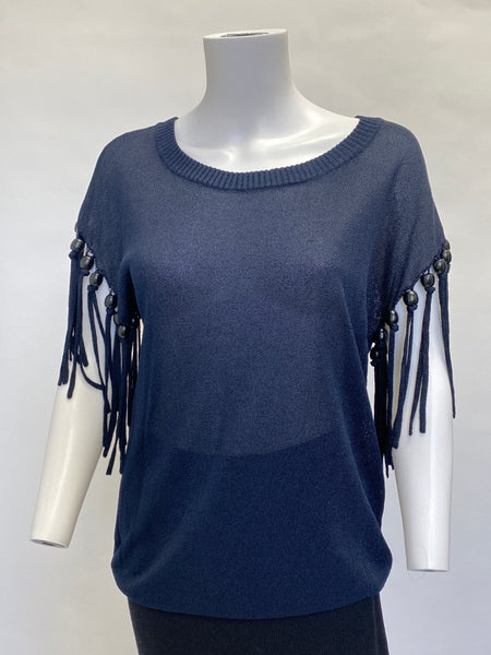 A.L.C Navy Knit Top with Beaded Sleeve