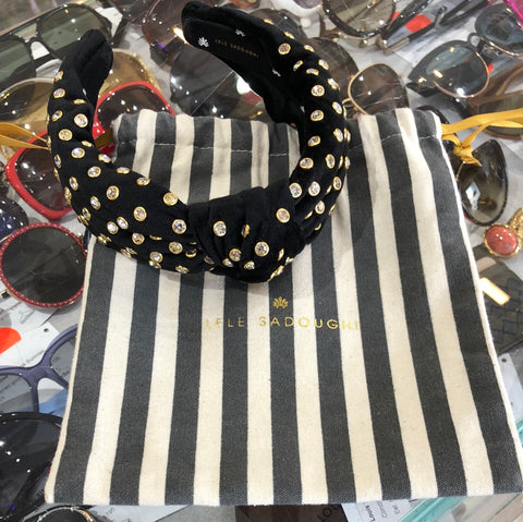 Lele Sadoughi Black Velvet and Clear Crystal Top Knotted Headband