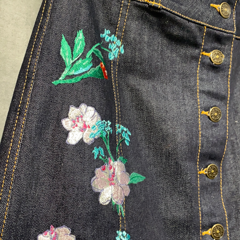 Kate Spade Denim Floral Embroidered A Line Denim Button Skirt