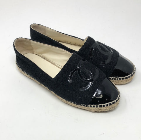 Chanel Black Sparkle Terry Espadrille with Patent Leather Toe and CC