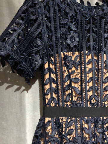 Self Portrait Navy Short Sleeeve Floral Cutout Minin Dress