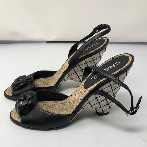 CHANEL Black Leather Wedge Sandal with Flower detail