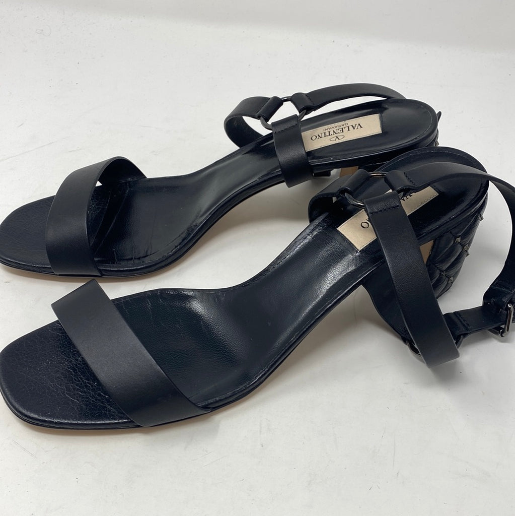 Valentino Black Leather Quilted Chunky Heel Sandal