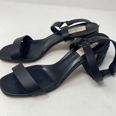 Valentino Black Leather Quilted Chunky Heel Sandal