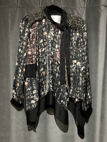 SACAI Long Sleeve Silk Printed and Tweed Blouse