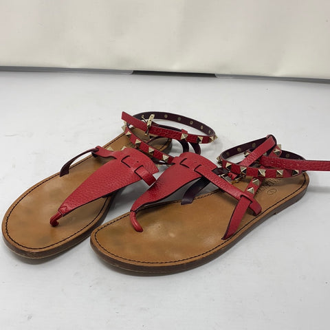 Valentino RockStud Alce Red Leather Ankle Wrap Thong Flat Sandal