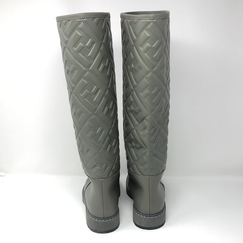 Fendi Grey leather Logo Embossed Mid-Calf Riding Boots