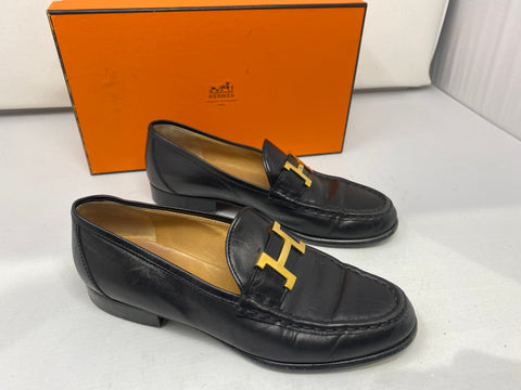 Hermes Black Classic Loafer with Gold H