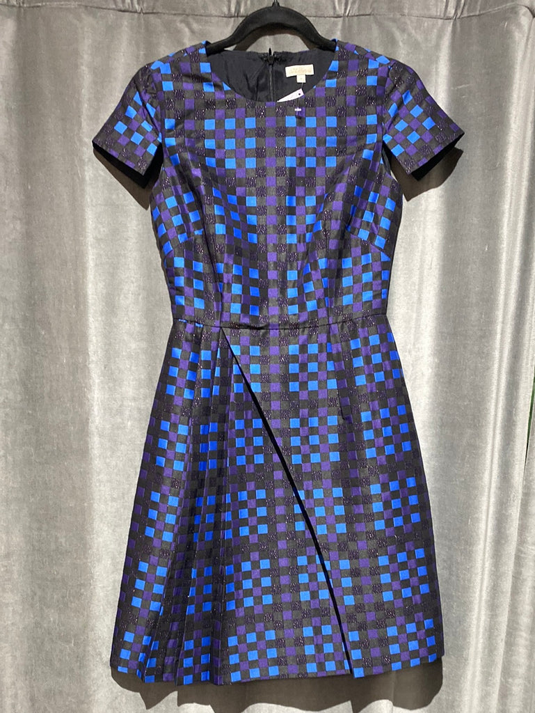 Shoshanna Short Sleeve Dress with Blue and Purple Square Design