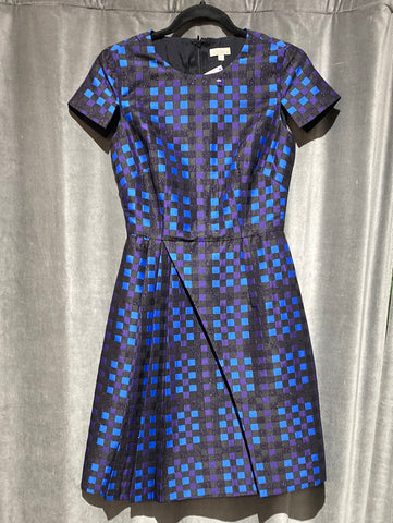 Shoshanna Short Sleeve Dress with Blue and Purple Square Design