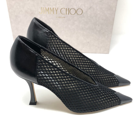 Jimmy Choo Black Leather and Elastic Mesh and Leather Nicole Pumps