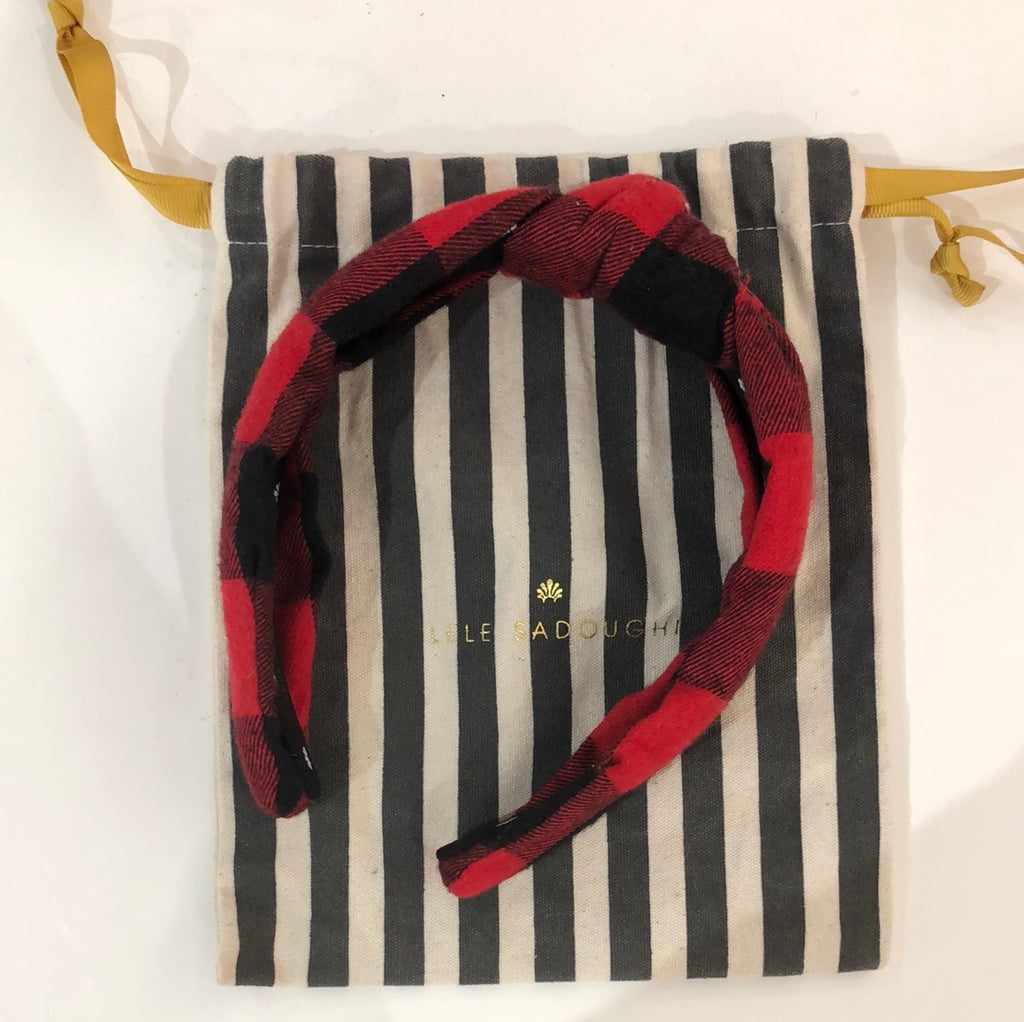 Lele Sadoughi Red and Black Buffalo Plaid Top Knotted Headband
