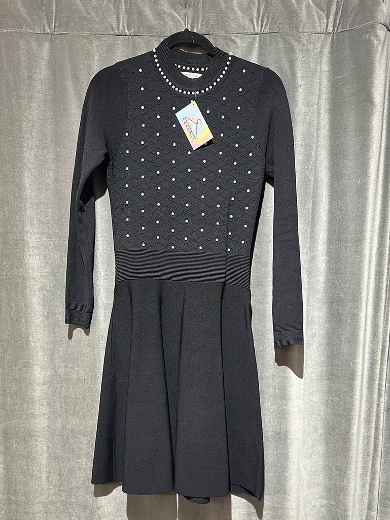 Sandro Black Long Sleeve Pearl Embellished A Line Sweater Dress