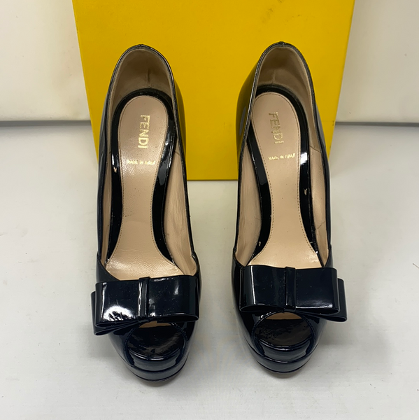 Fendi Black Patent Leather Peep Toe Platform Heels
