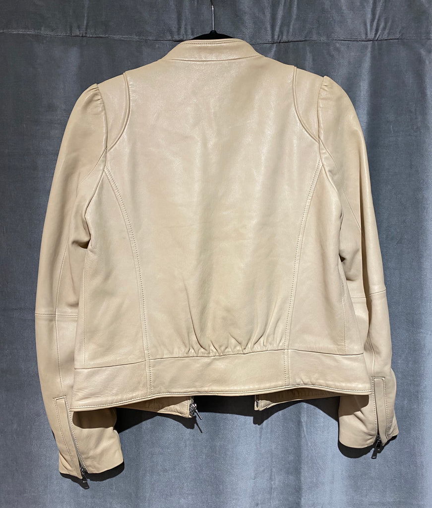 Joie Tan Lamb leather Bomber Jacket with Zipper sleeve Puffed Shoulder