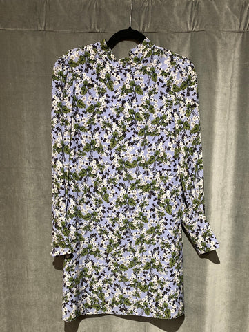 Erdem Light Blue Floral Print Silk Long Sleeve Mini Dress