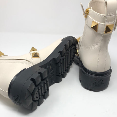 Valentino Ivory Leather Side Zip Gold Rockstud Booties