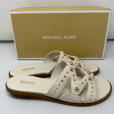 Michael Kors White Leather Annalee Slide with Gold Studs