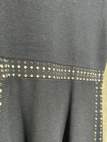 Sandro Navy Short Sleeve Mock Neck Studded Stretch Knit A line Dress